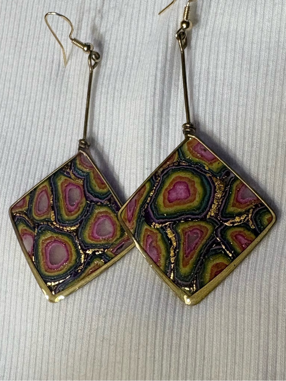 Multicolor Geode Pattern Drop Earrings - Gold Frame